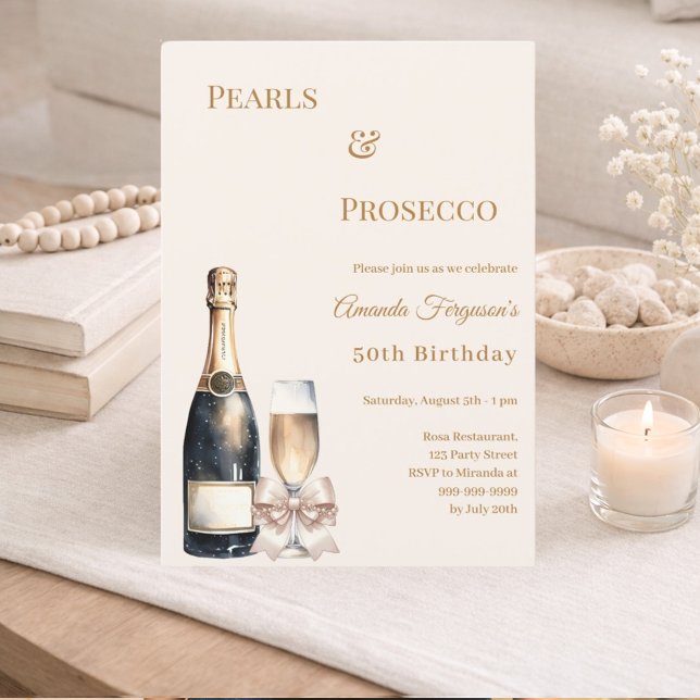 Convites Pearls Prosecco ivory bow elegant birthday  (Criador carregado)