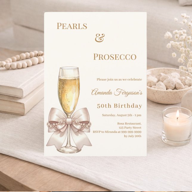 Convites Pearls Prosecco ivory golden bow elegant birthday  (Criador carregado)