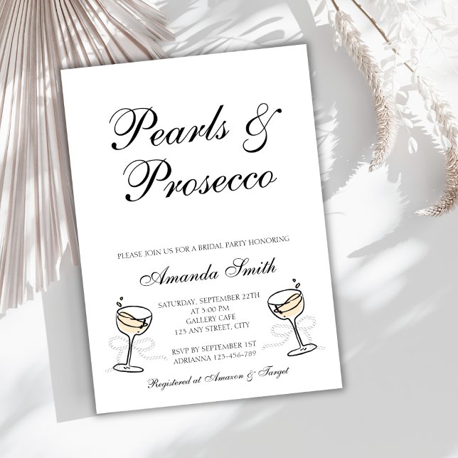 Convites Pearls & Prosecco - Partido Bridal Elegante (Pearls & Prosecco Elegant Bridal Party Invitation)