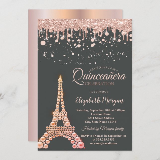 Convites Pearls Torre Eiffel, Dobras Quinceañera (Frente/Verso)
