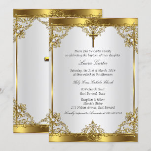 Convites Pearly Cross Branco Dourado Batismo Batizado 2