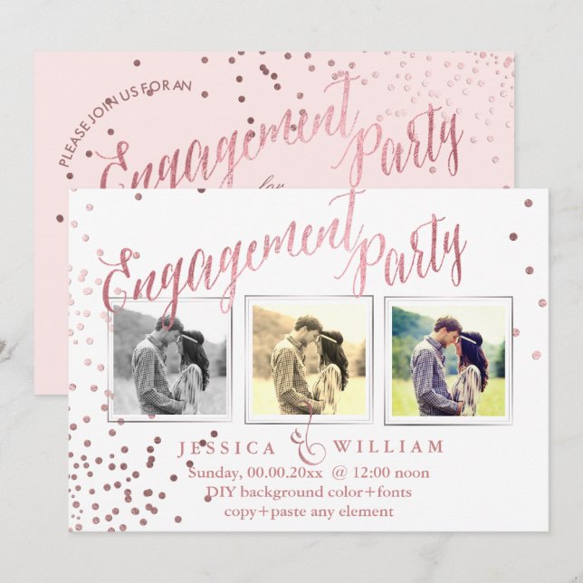 Convites Peça de Noivado de Confetti Dourado de Rosa de Pix (Frente/Verso)