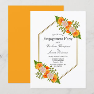 Convites Peça de Noivado de Quadro Dourado Floral Laranja