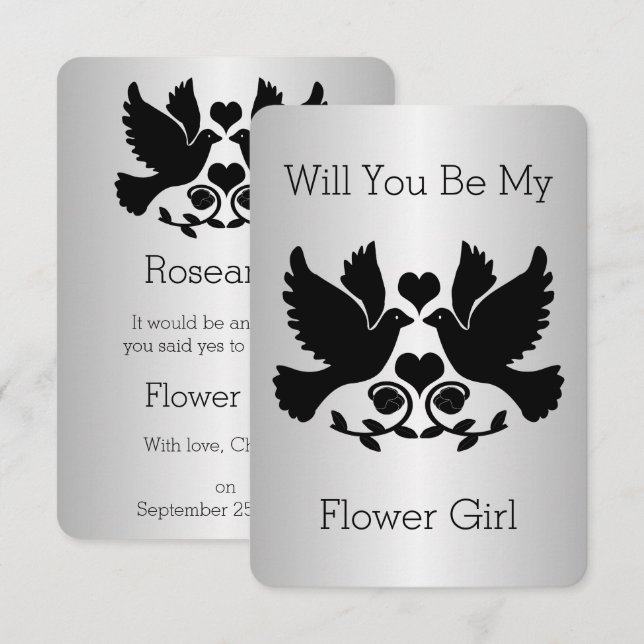 Convites Pedido de Menina de Flores Preto e Prata da Pomba (Frente/Verso)