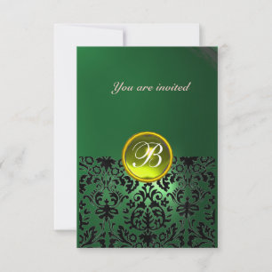 Convites PEDRA GEMADA DAMASCO monograma verde amarelo rsvp