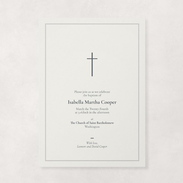 Convites Pedra Neutra Cruz Mínima Religiosa Batismo (Grace - Minimal Cross Baptism Invitation in Stone)