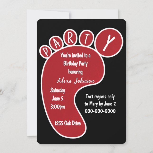 Convites Pegada De Festa de aniversário Vermelha Em Preto (Frente)