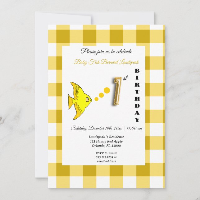 Convites Peixe Amarelo & Balão Dourado de Gingham Aniversár (Frente)