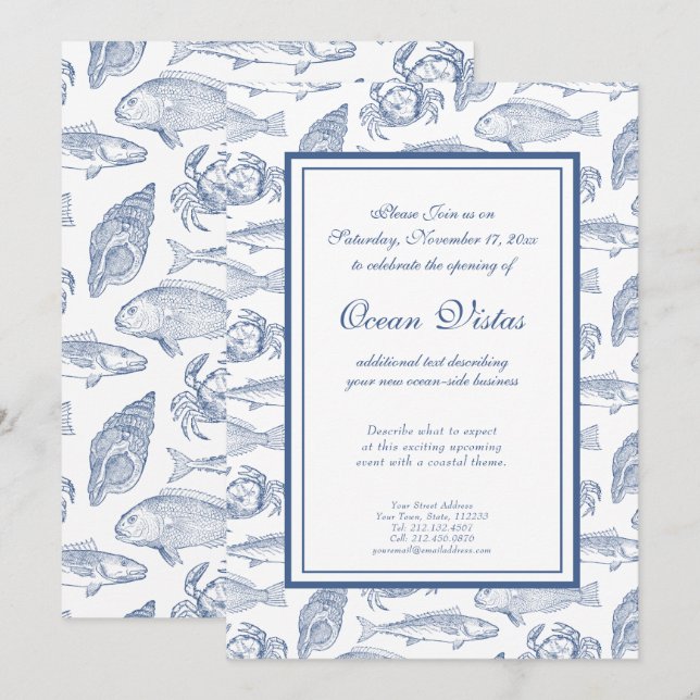 Convites Peixe Azul e Branco e Elegante Evento Costeiro de  (Frente/Verso)