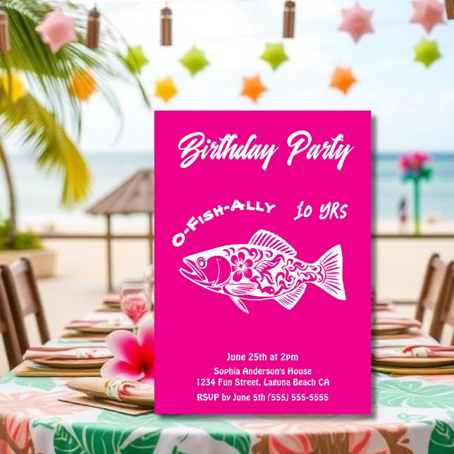 Convites Peixe-festa de aniversário, O-Fish-Aliado, Rosa (Aloha Trout Fisherman Trend Hawaiian Fish Beach Summer Pool Birthday Party invitation bright pink)