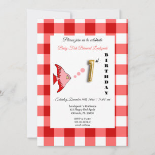 Convites Peixe Vermelho & Balão Dourado de Gingham Aniversá
