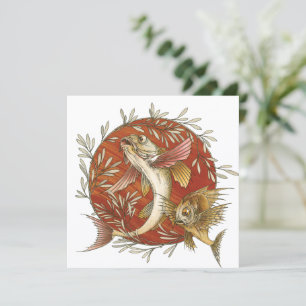 Convites Peixe Voador Japonês e Folhas de Bambu Arte Vintag