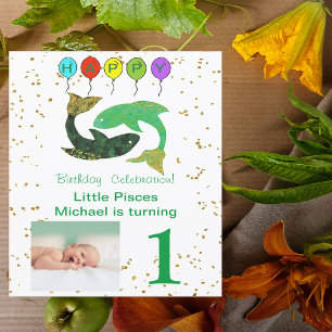 Convites Peixes Primeiro Aniversário Dourado, Balões e Fo