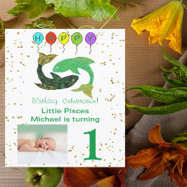 Convites Peixes Primeiro Aniversário Dourado, Balões e Foto