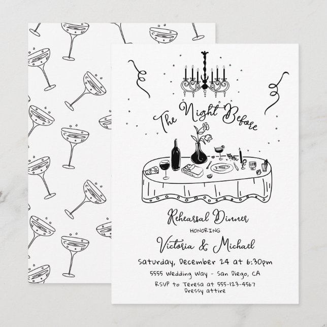 Convites Pele Desenhada À Mão Na Noite Antes Do Janto De En (Frente/Verso)