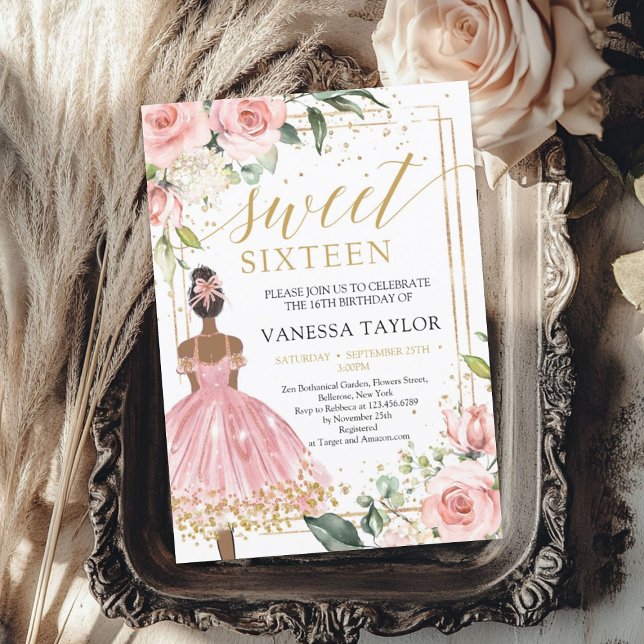 Convites Pele preta Princesa vestido cor-de-rosa pincel our (Black skin Princess pink dress blush floral gold Invitation)