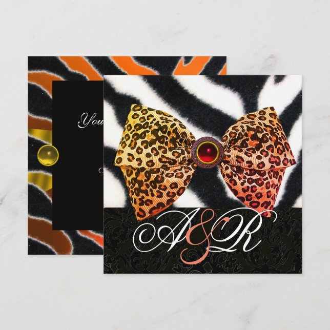 CONVITES PELO DE ZEBRA, LAÇO DE PELE DE LEOPARDO, MONOGRAMA (Frente/Verso)