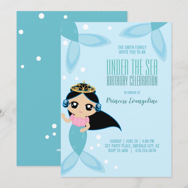 Convites Pêlos pretos de MERMAID ANIVERSÁRIO personalizados (Frente/Verso)