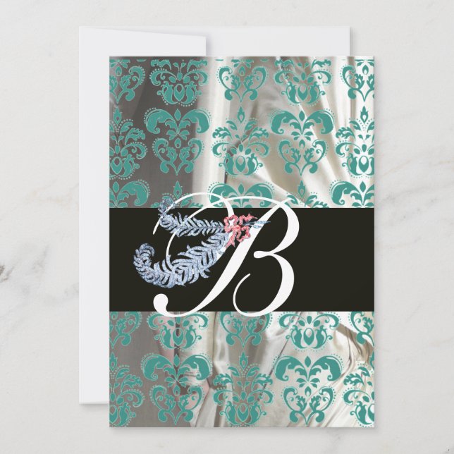 CONVITES PENA DE DIAMANTE AZUL BRANCO SEDA DAMASCO MONOGRAM (Frente)