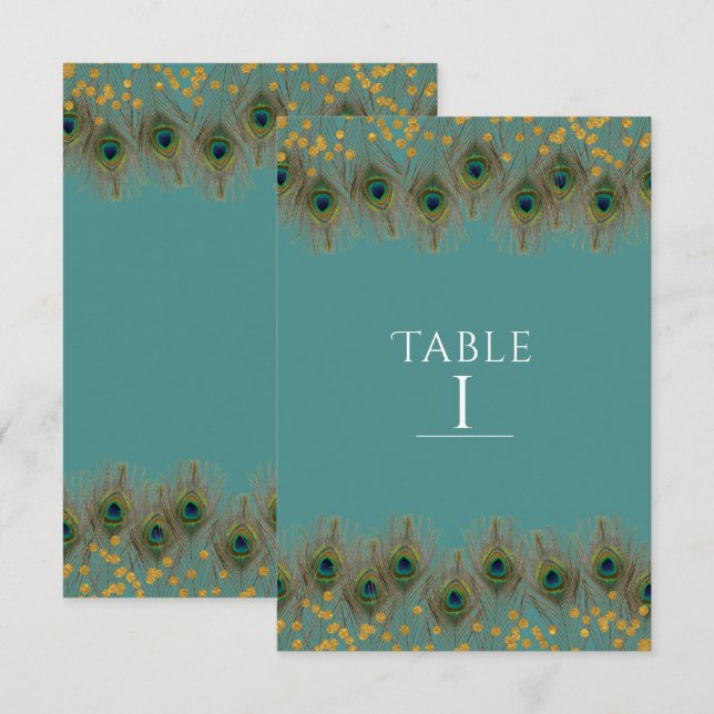 Convites Pena de Pavão & Ouro Número da Mesa de QUALQUER CO (Frente/Verso)