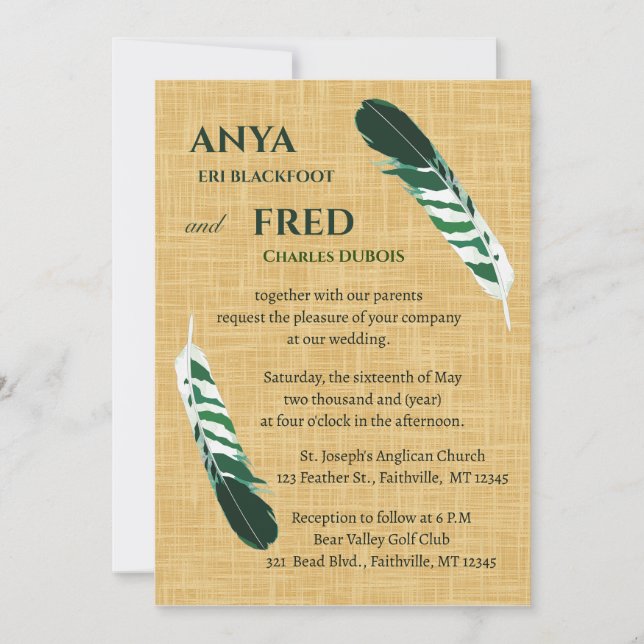 Convites Pena Verde Editável em Linho de Casamento (Frente)