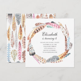 Convites Penas de aquarela. Festa de aniversário Boho