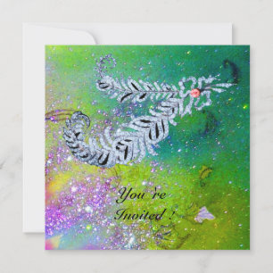 Convites PENAS DE DIAMANTE, brilho verde roxo dourado