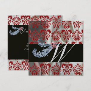 CONVITES PENAS DE DIAMANTE DAMASCO DE SEDA PRATA VERMELHA M