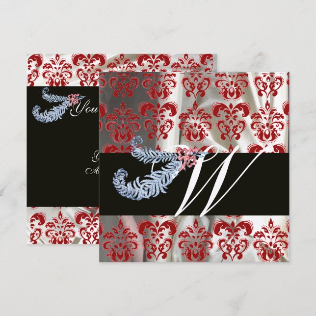 CONVITES PENAS DE DIAMANTE DAMASCO DE SEDA VERMELHA PRATA M (Frente/Verso)