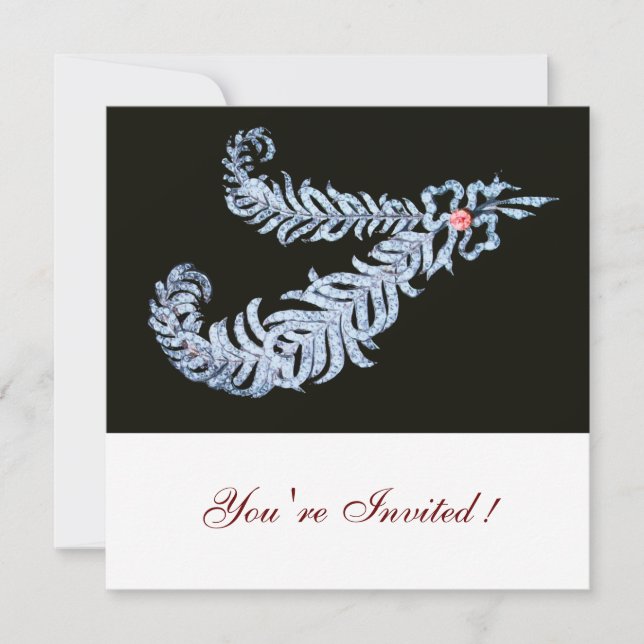 Convites PENAS DE DIAMANTE ROSA GEM Casamento Preto Branco (Frente)