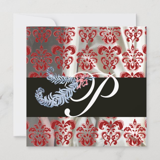 CONVITES PENAS DE DIAMANTE VERMELHO BRANCO DAMASCO MONOGRAM (Frente)