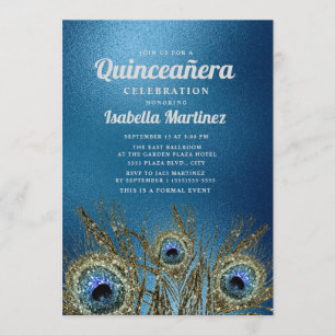 Convites Penas de Pavão Azul Brilhante Dourado Quinceañera