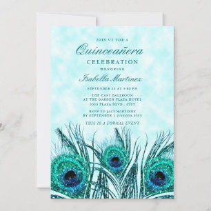 Convites Penas de Pavão Azul-Teal Quinceañera