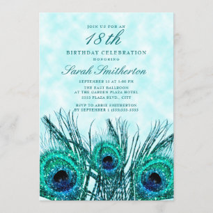 Convites Penas de Pavão Azul Turquesa Brilhante 18º