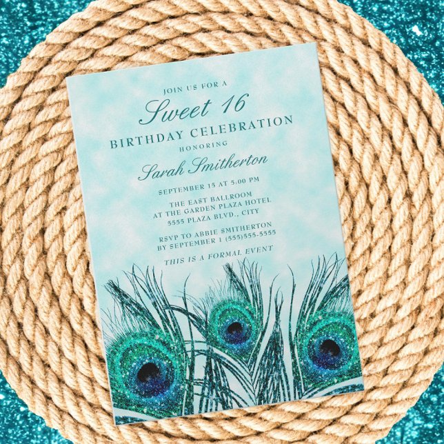 Convites Penas de Pavão Azul Turquesa Brilhantes Sweet 16 (Teal peacock feathers Sweet 16 birthday invitation)