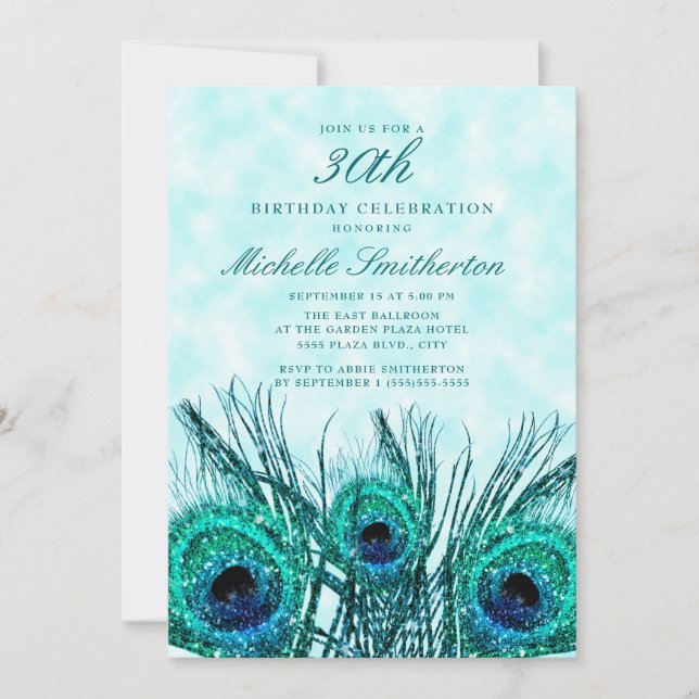 Convites Penas de Pavão Azul Turquesa Cintilantes 30º (Frente)