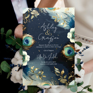 Convites Penas de Pavão Celestial Casamento Elegante