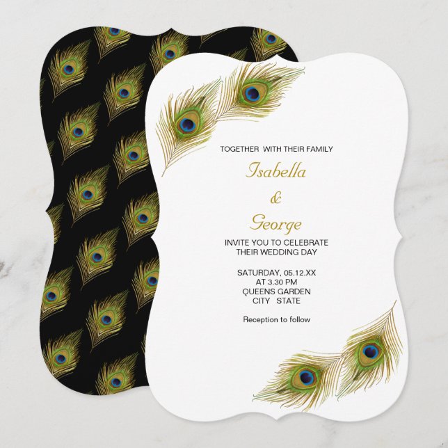 Convites Penas de Pavão Chic em Casamento Preto e Branco (Frente/Verso)