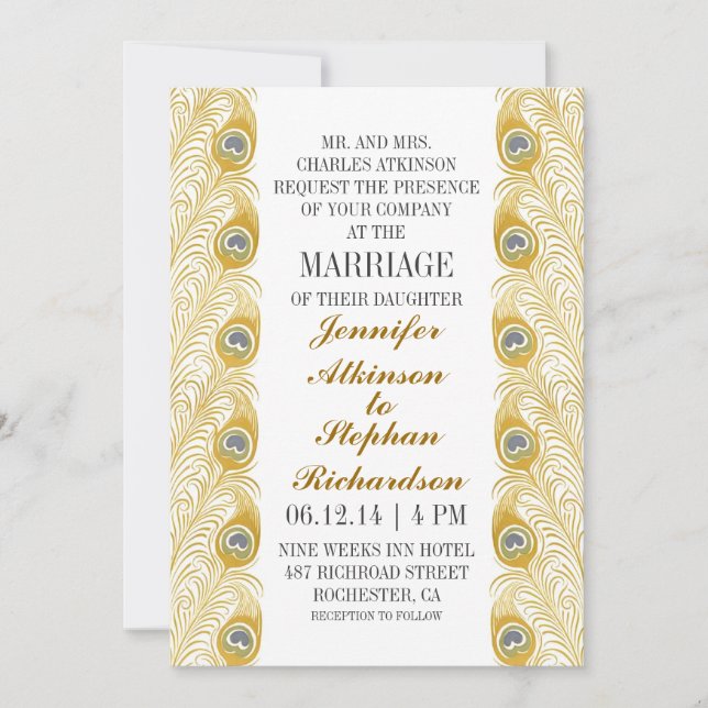 Convites penas de pavão clássicas de casamento branco (Frente)