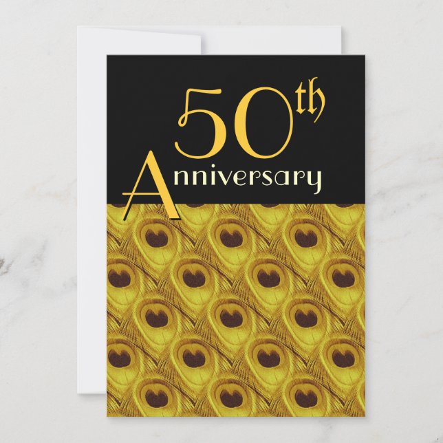 Convites Penas de Pavão Douradas de 50º Aniversário (Frente)
