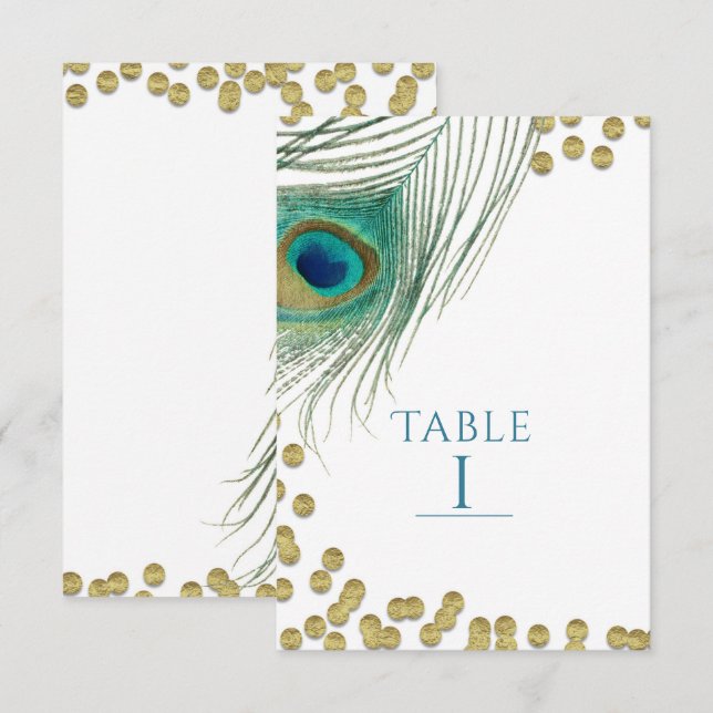 Convites Penas de Pavão & Número de Mesa Boho Glam Dourado (Frente/Verso)