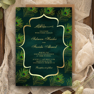 Convites Penas de Pavão Verde Esmeralda Casamento Muçulmano