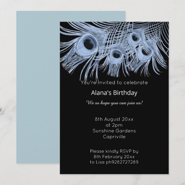 CONVITES PENAS DE PEACOCK AZUIS MODERNAS NEGRAS (Frente/Verso)