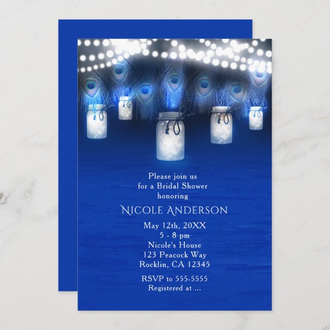 Convites Penas de Peacock, Mason Jar & String Lights Russo (Frente/Verso)