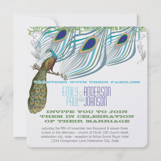 Convites Penas de Peacock Vintage 3 com Peacock (Frente)