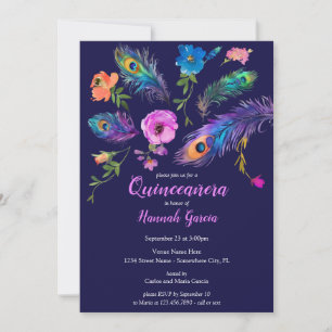 Convites Penas e flores de peacock Partido Quinceañera