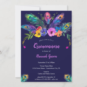 Convites Penas e flores de peacock Quinceañera