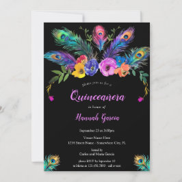 Convites Penas e flores de peacock Quinceañera negra