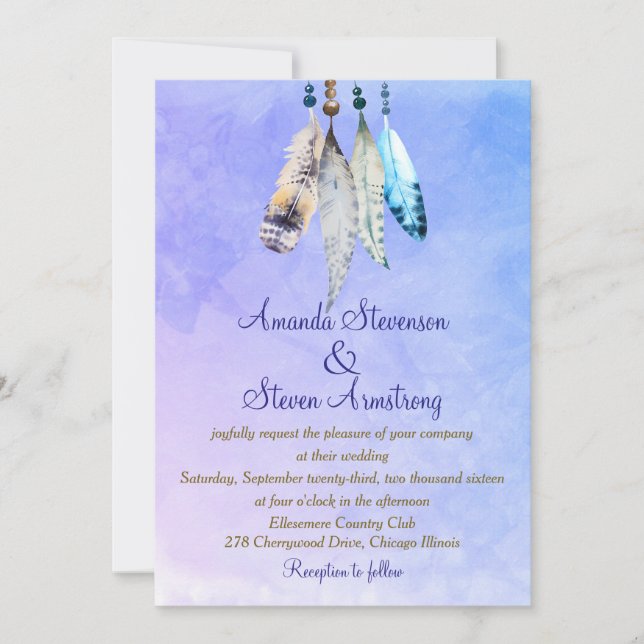 Convites Penas em Aquarela em Casamento Roxo Azulado (Frente)
