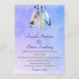 Convites Penas em Aquarela em Casamento Roxo Azulado